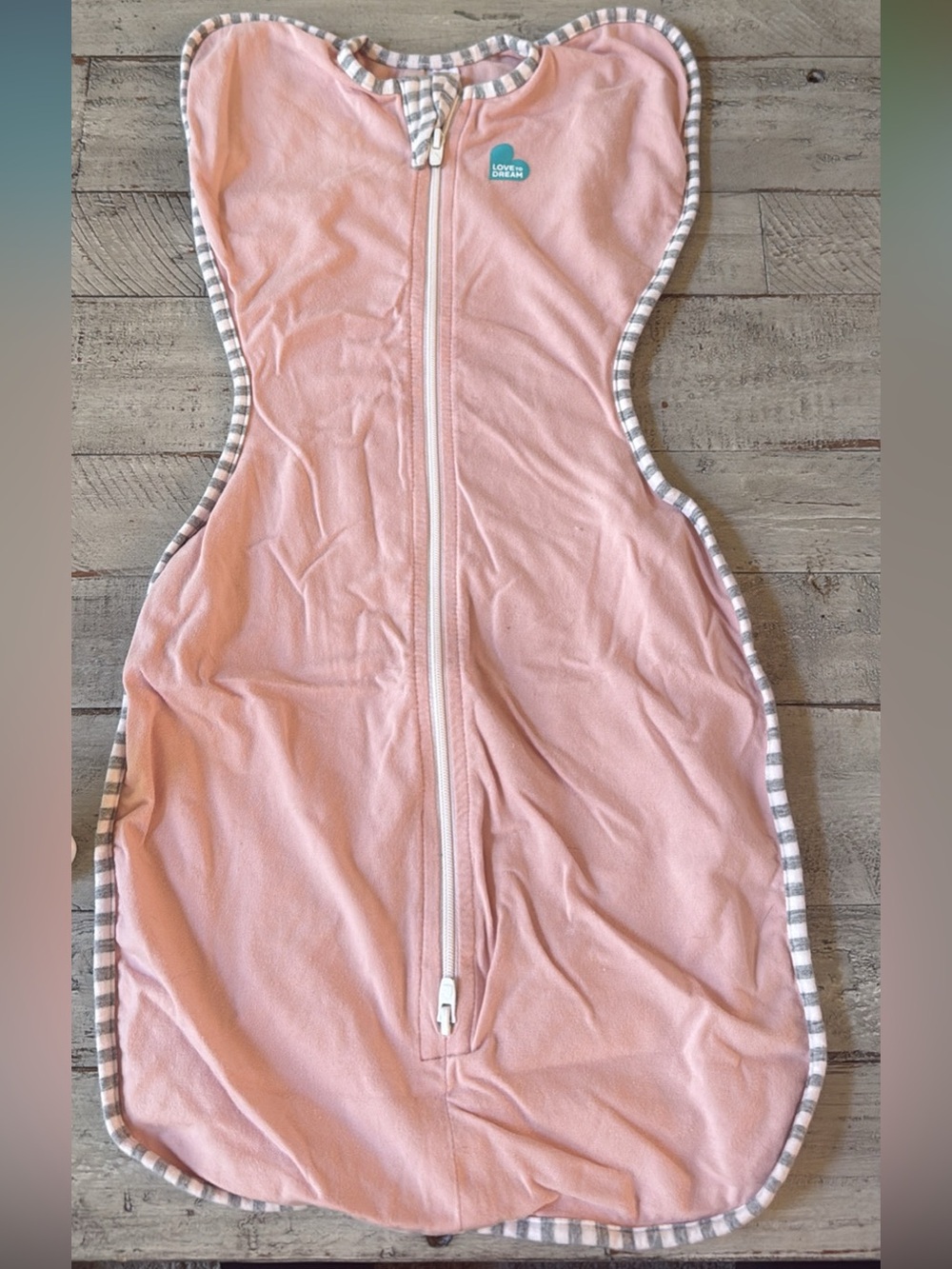 Love to dream Pink Swaddle Sleep Sack with Gray Stripe Trim